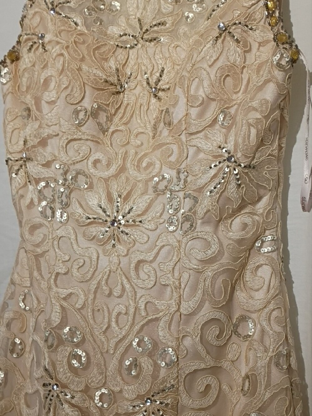 Sue Wong Ivory Lace Beaded Illusion Neck Midi Dress, Silver Sequins, Open Back - Picture 4 of 16